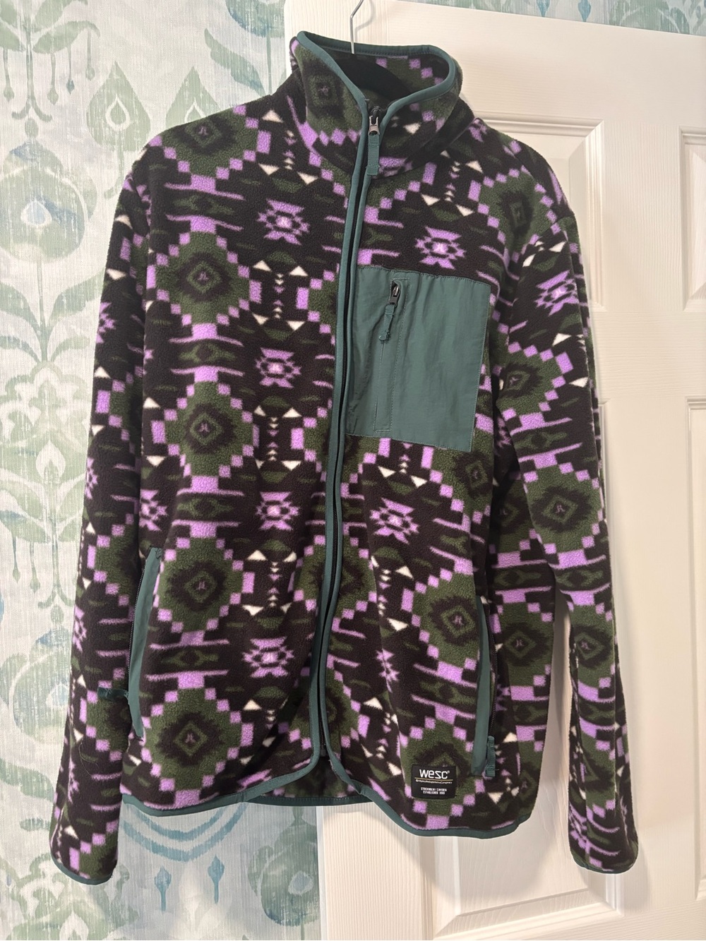 WESC Geo Print Fleece Jacket in Black, Olive & Lavender